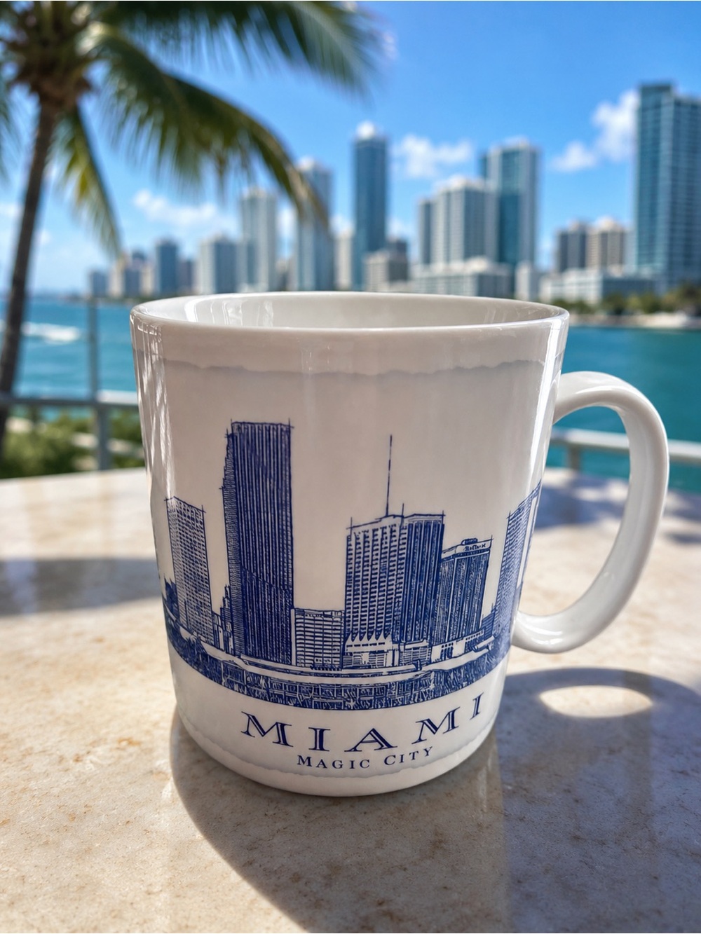 Miami Magic City Blue and White Ceramic Coffee Mug - City Skyline Design